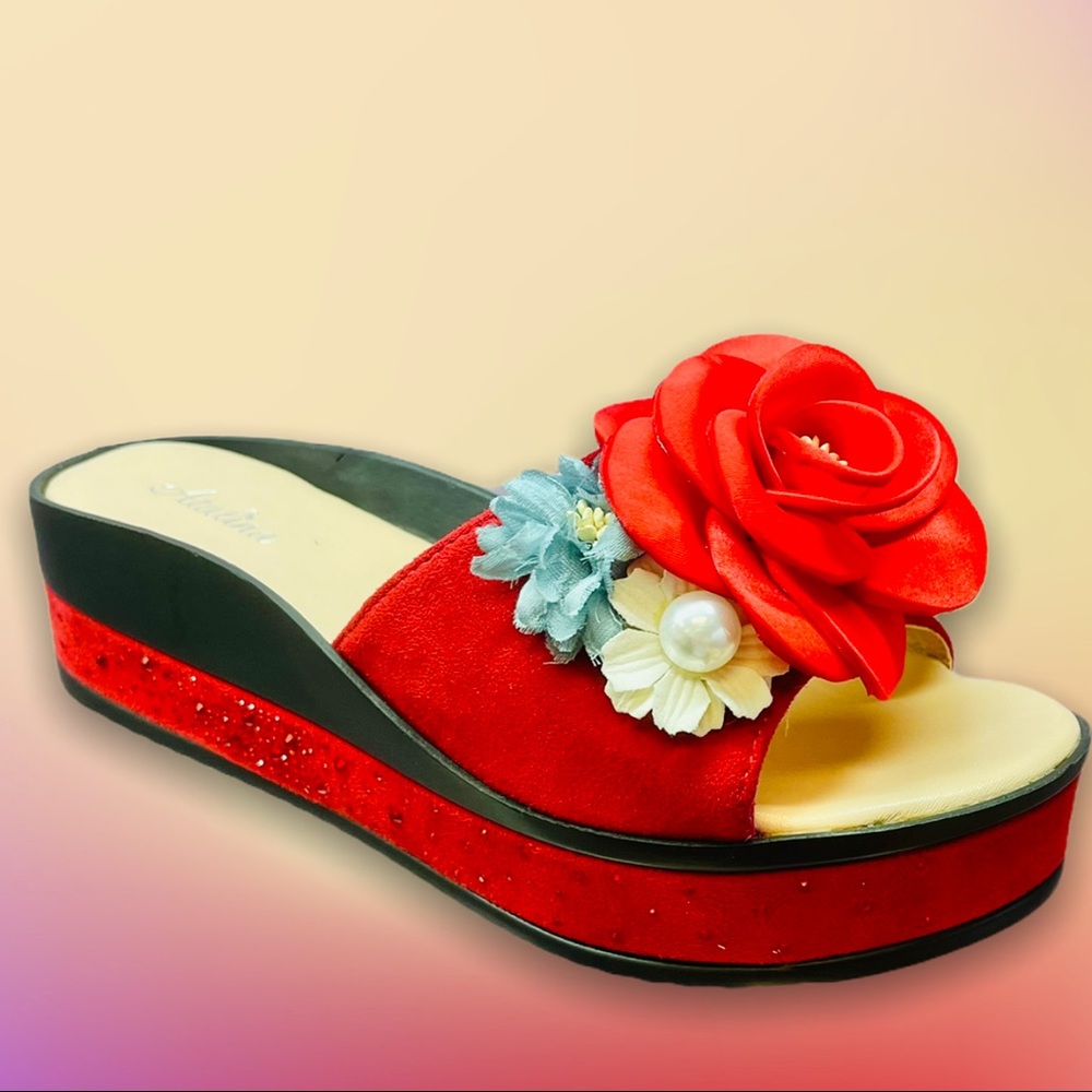 Italina Red Rose 3D Flower Flatform Heeled Wedge Sandal 5.5 - Picture 3 of 14